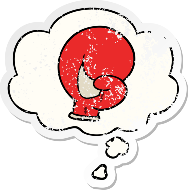 Düşünce baloncuklu boks eldiveni karikatürü bir insan tarafından çizilmiş yıpranmış bir çıkartma.