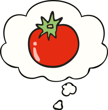 Bir insan tarafından çizilmiş düşünce baloncuklu domates.