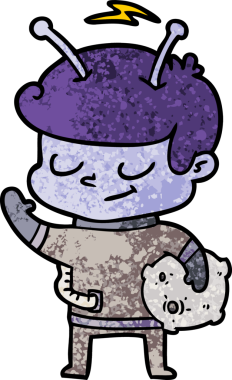 Bir insan tarafından çizilmiş meteor tutan dost canlısı çizgi film uzay adamı.