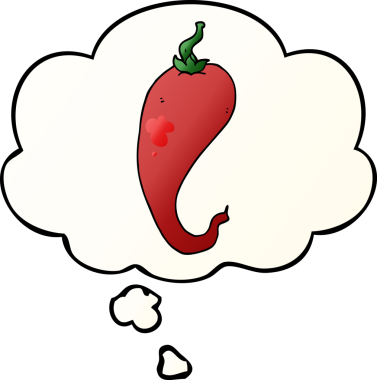 Düşünce baloncuğu olan kırmızı biber çizgi filmi bir insan tarafından çizilmiş.