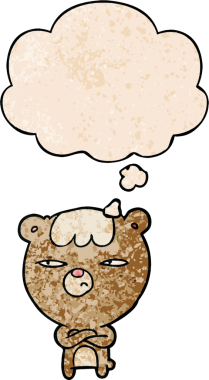 Bir insan tarafından çizilmiş grunge desenli düşünce baloncuklu kızgın ayı çizgi filmi.