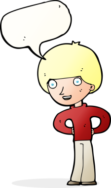 Bir insan tarafından çizilmiş konuşma balonlu elleri olan çizgi film çocuğu.