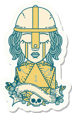 Ağlayan bir insan dövüşçüsünün çıkartması. Bir insan tarafından çizilmiş doğal bir D20 zarlı.