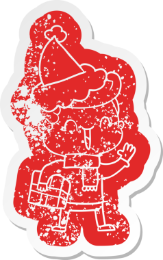 Bir insan tarafından çizilmiş Noel Baba şapkası takan, gülen bir çocuğun garip karikatürü.