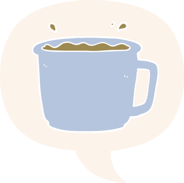 bir insan tarafından çizilmiş, konuşma baloncuklu çizgi film kahve fincanı.