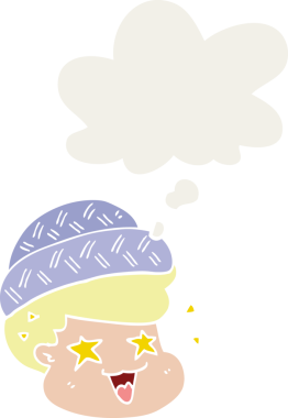 Düşünce baloncuklu şapkalı çizgi film çocuğu bir insan tarafından çizilmiş.