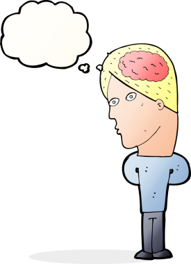 Düşünce baloncuğu insan tarafından çizilmiş büyük beyinli çizgi film adamı.