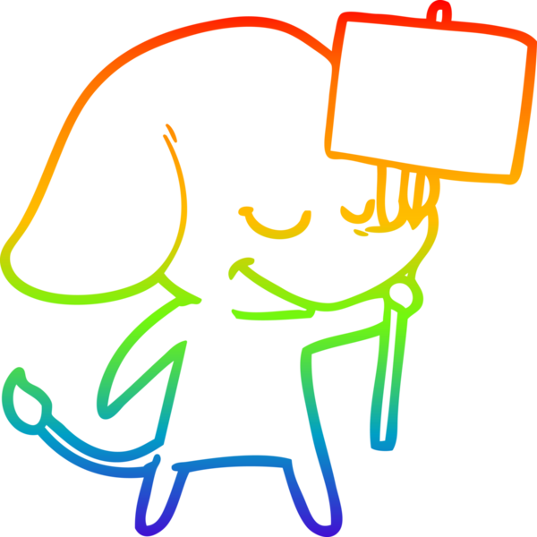 Gökkuşağı gradyan çizgi çizimi bir insan tarafından çizilmiş pankartla gülümseyen bir fil.