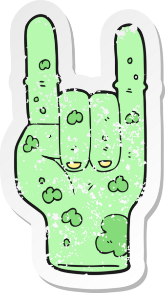 Bir insan tarafından çizilmiş korna işareti yapan zombi elinin gerilimli retro çıkartması.