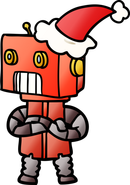 Bir insan tarafından çizilmiş Noel Baba şapkası takan bir robotun gradyan çizimi.