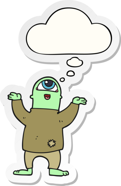 Karikatür cadılar bayramı canavarı. Düşünce baloncuğu insan tarafından çizilmiş bir çıkartma.