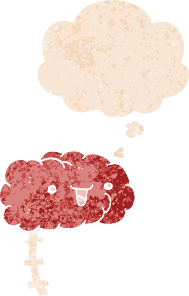 Mutlu çizgi film beyni. Düşünce baloncuğu ve grunge dertli retro dokuma bir insan tarafından çizilmiş.