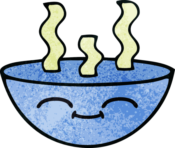 Bir insan tarafından çizilmiş sıcak çorba kasesinin retro grunge desenli karikatürü.