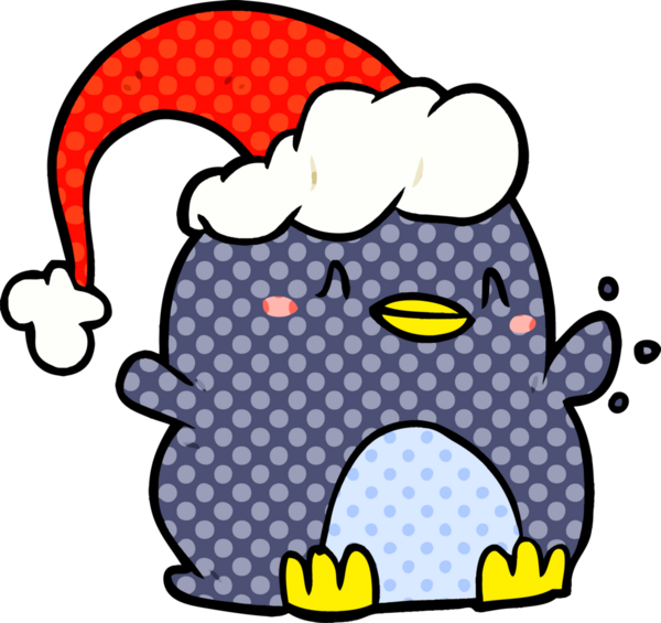 Bir insan tarafından çizilmiş noel şapkası giyen penguen çizgi filmi.