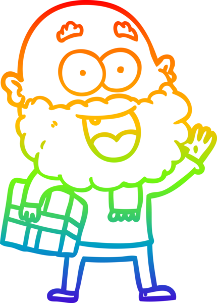 Çizgi film çizen gökkuşağı gradyan çizimi çılgın mutlu sakallı ve kolunun altında bir insan tarafından çizilmiş bir adam.