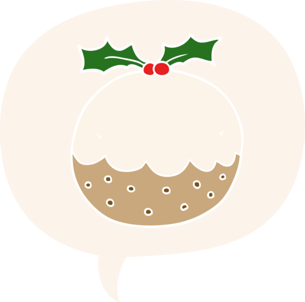 Karikatür noel pudingi konuşma baloncuğu ile retro tarzı bir insan tarafından çizilmiş.