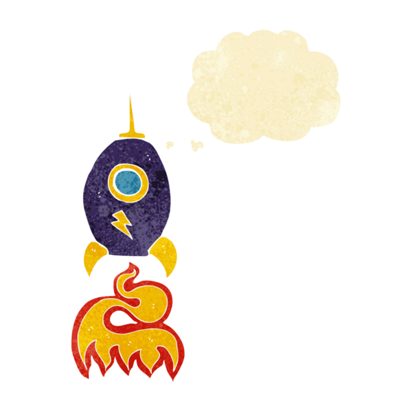 Bir insan tarafından çizilmiş düşünce baloncuklu bir uzay gemisi.