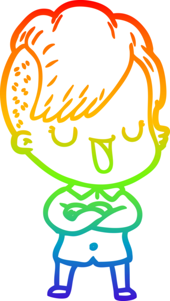 Gökkuşağı gradyan çizimi. Hipster saç kesimi bir insan tarafından çizilmiş şirin bir çizgi film kızı.