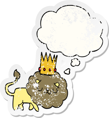 Düşünce baloncuklu taç takan çizgi film aslanı insan tarafından çizilmiş yıpranmış bir çıkartma gibi.