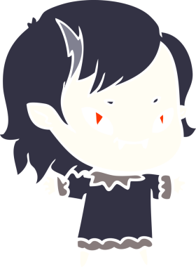 Bir insan tarafından çizilmiş düz renkli çizgi film arkadaş canlısı vampir kız.