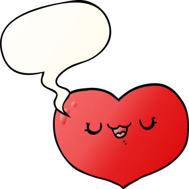 Bir insan tarafından çizilmiş, konuşma baloncuklu karikatür aşk kalbi.