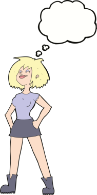 Bir insan tarafından çizilmiş düşünce baloncuğu olan yetenekli bir kadın.