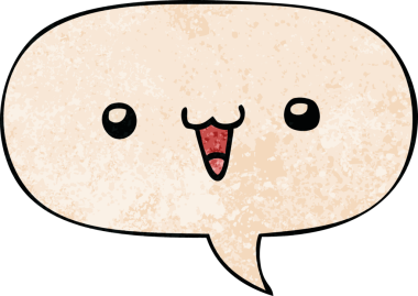 Bir insan tarafından çizilmiş eski moda konuşma baloncuklu sevimli mutlu yüz karikatürü.