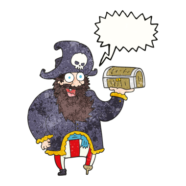 Bir insan tarafından çizilmiş hazine sandıklı karikatür korsan kaptanı.