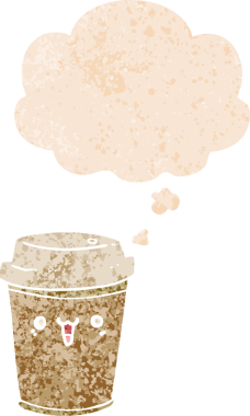 Çizgi filmdeki kahveyi dışarı çıkar. Düşünce baloncuğu ve grunge dertli retro desenli bir insan çizimi.