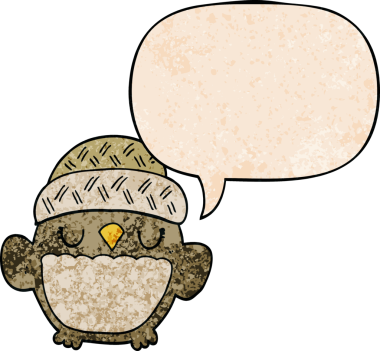 Bir insan tarafından çizilmiş eski moda konuşma baloncuğu olan şapkalı sevimli çizgi film baykuşu.