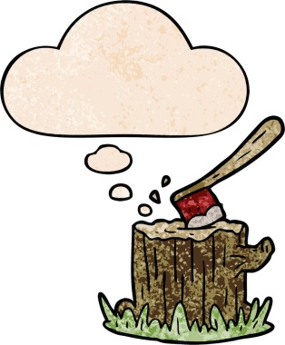 ağaç kütüğünde çizgi film baltası, insan tarafından çizilmiş grunge desenli düşünce baloncuğu.