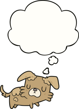 Bir insan tarafından çizilmiş düşünce baloncuklu çizgi film köpeği.