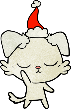 Bir insan tarafından çizilmiş Noel Baba şapkası takan bir köpeğin çizilmiş güzel el çizimi karikatürü.