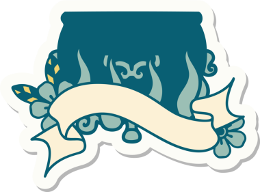 Bir insan tarafından çizilmiş yanan bir kazanın pankartına sahip dövme stili çıkartması