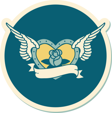 Geleneksel bir dövme stili. Uçan kalp. Çiçekler ve bir insan tarafından çizilmiş bayrak.