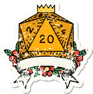 Bir insan tarafından çekilen 20 kritik vuruşluk D20 zar atımının grunge çıkartması.