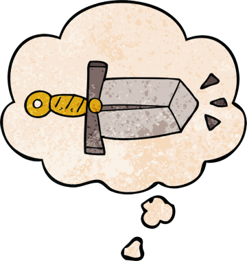 Bir insan tarafından çizilmiş grunge desenli düşünce baloncuklu çizgi film kılıcı.