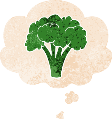 Düşünce baloncuklu çizgi film brokoli grunge sıkıntılı retro dokuma tarzı bir insan tarafından çizilmiş