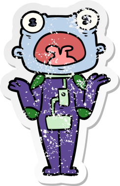 Bir insan tarafından çizilmiş garip uzaylı omuzlarını silkeleyen bir çizgi film çıkartması.