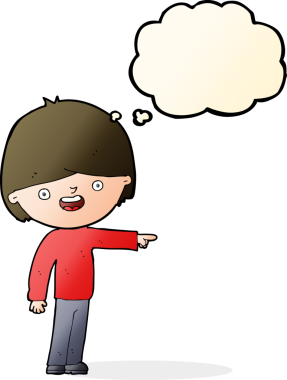 Bir insan tarafından çizilen düşünce baloncuğuyla işaret eden çizgi film adamı.