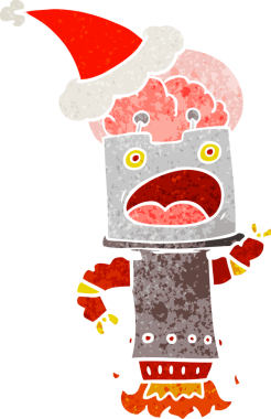 Bir insan tarafından çizilmiş Noel Baba şapkası giyen bir robotun el çizimi karikatürü.