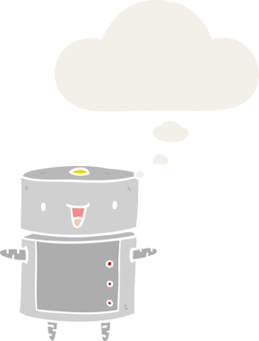 Düşünce baloncuğu olan karikatür robotu insan tarafından çizilmiş.