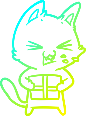 Bir insan tarafından çizilmiş yılbaşı hediyesiyle tıslayan bir kedinin soğuk gradyan çizimi.