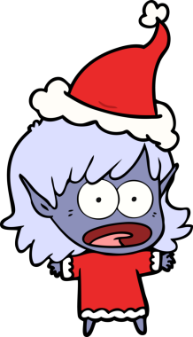 Bir insan tarafından çizilmiş Noel Baba şapkası giyen şok olmuş bir elf kızının el çizimi.