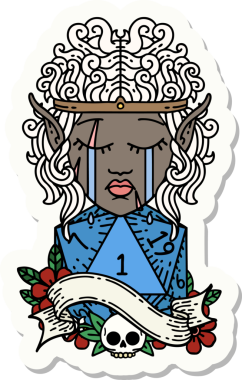 Ağlayan bir elf barbarının çıkartması. İnsan tarafından çizilmiş bir d20 ruloya bak.