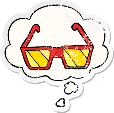 Düşünce baloncuklu çizgi film gözlükleri insan tarafından çizilmiş yıpranmış bir çıkartma gibi.