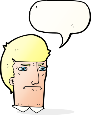 Bir insan tarafından çizilmiş konuşma baloncuğuyla gözlerini kısarak bakan çizgi film adamı.