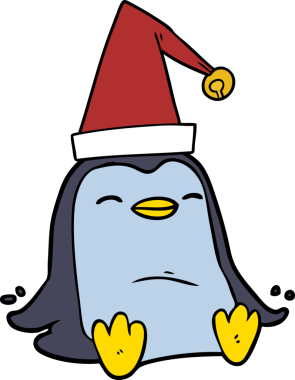 Bir insan tarafından çizilmiş noel şapkası giyen penguen çizgi filmi.