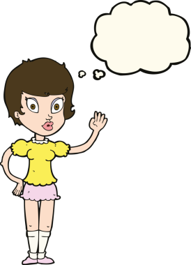 Bir insan tarafından çizilmiş düşünce baloncuğuyla el sallayan güzel kız.