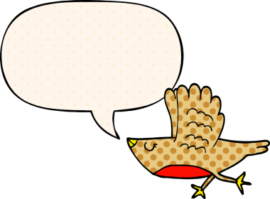 Bir insan tarafından çizilmiş çizgi roman tarzında konuşma baloncuğu olan çizgi film kuşu.